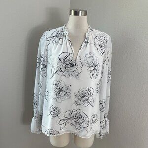 White House Black Market Womens 10 Floral Long Sleeve Blouse Shirt Ruffle Neck